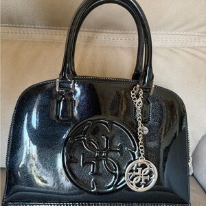 Guess Shiny Black Satchel with Logo Charm